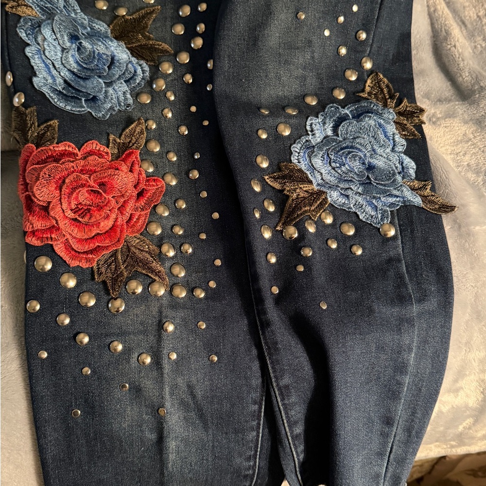Boom Boom Jeans Dark Blue Skinny Jeans with Red & Light Blue Floral Appliqué